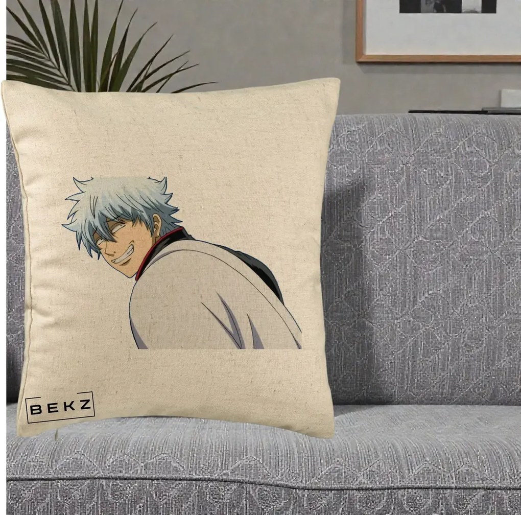 Perna Personalizata Gintama Gintoki Portret cu Zambet, 40x40 cm, Bej, Husa Detasabila, Perna Inclusa, BEKZ®
