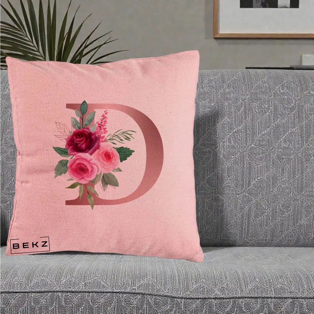 Cadou Personalizat - Perna Personalizata Monograma Rose Gold Litera D, 40x40 cm, Roz, Husa Detasabila, Perna Inclusa, BEKZ®