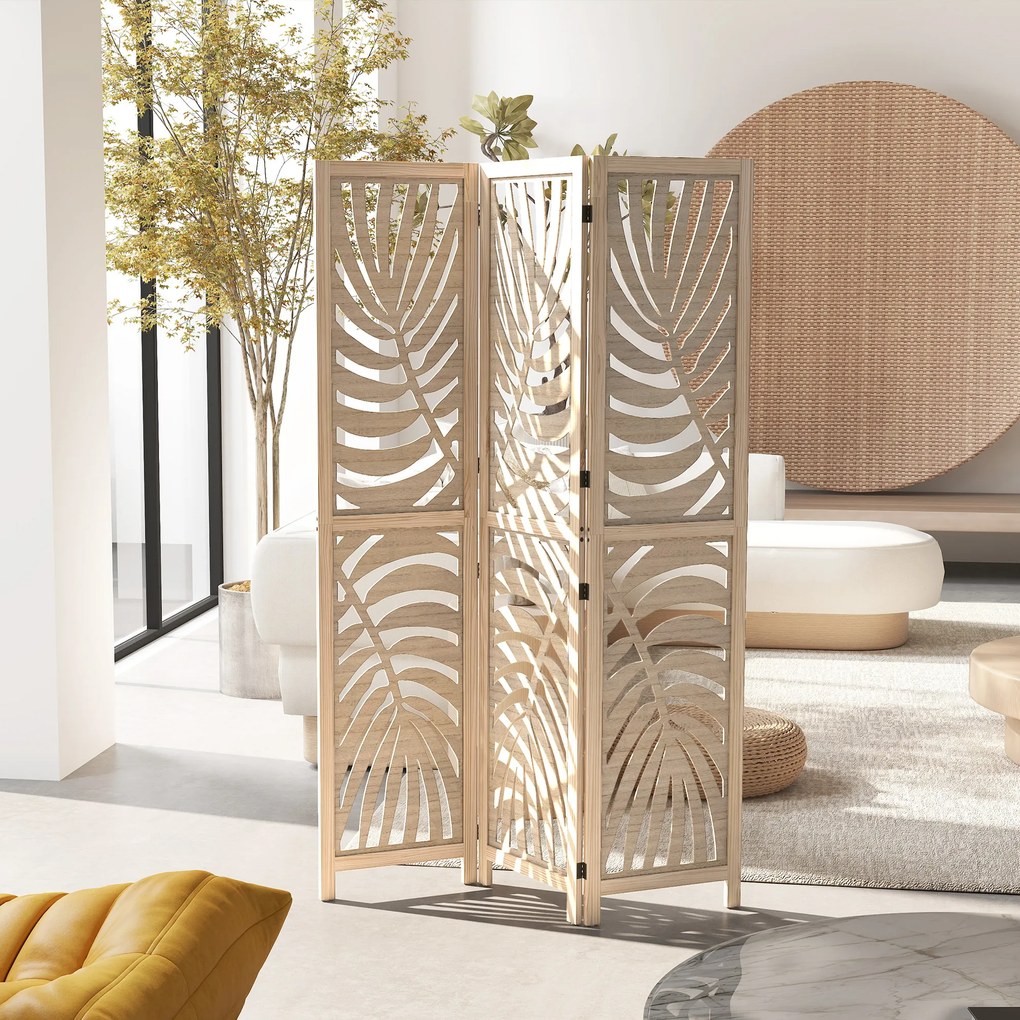 HOMCOM Paravan cu 3 Panouri, Separator Pliabil cu Design Frunze pentru Interior, Finisaj Natural | Aosom Romania