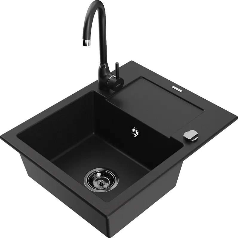 Mexen Enzo chiuvetă din granit cu 1 compartiment cu scurgător și baterie de bucătărie Telma, negru - 6506-77-670200-70-B