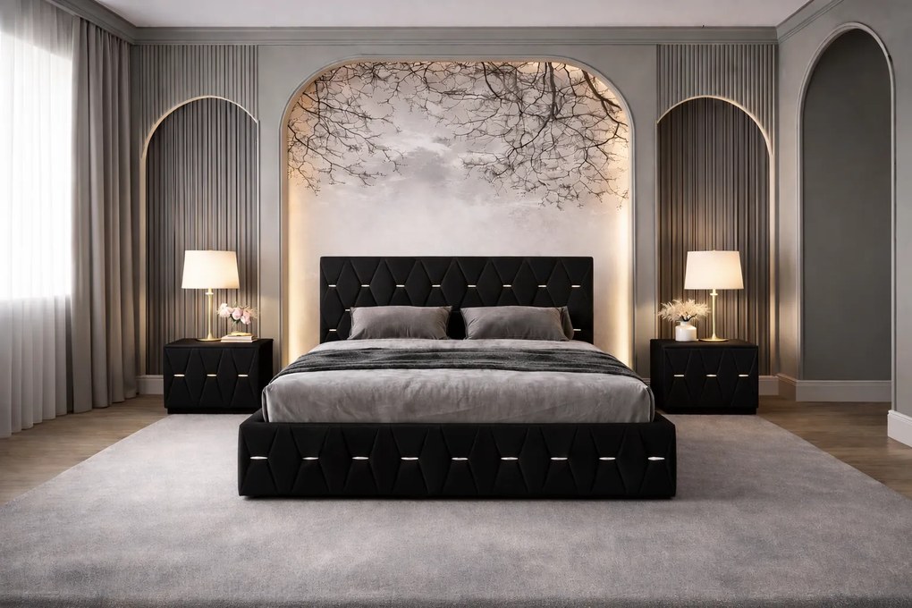 Pat tapitat Nova 140x200 cm, Negru + Saltea Superortopedica Gold, grosime 20 cm + Set 2 noptiere Nova, Negru