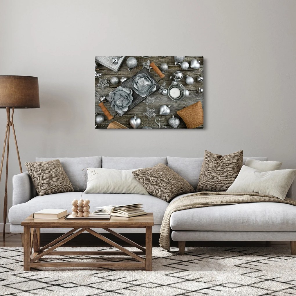 Tablou - decorațiuni argintii de Crăciun (90x60 cm)