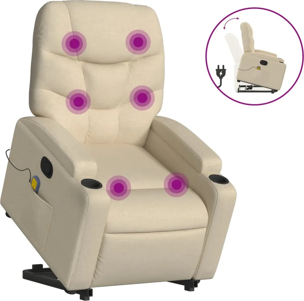 vidaXL Fotoliu masaj rabatabil cu ridicare, crem, material textil