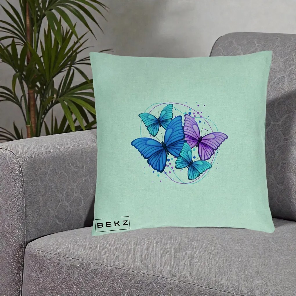 Perna Decorativa Patru Fluturi Turcoaz-Violet, 40x40 cm, Verde Menta, Husa Detasabila, Perna Inclusa, BEKZ®