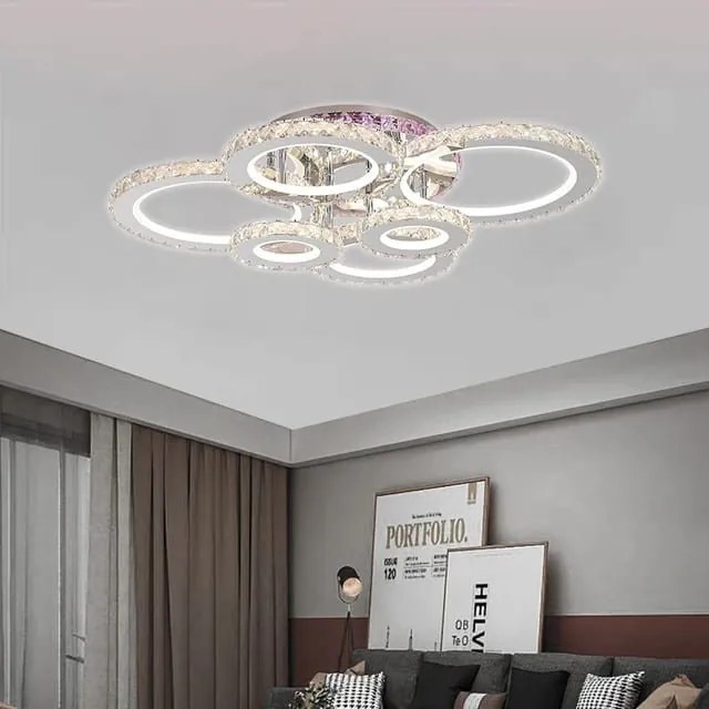 Lustra LED Cu Telecomanda, Cristal, 6 cercuri, Cromat ,120W, RGB,