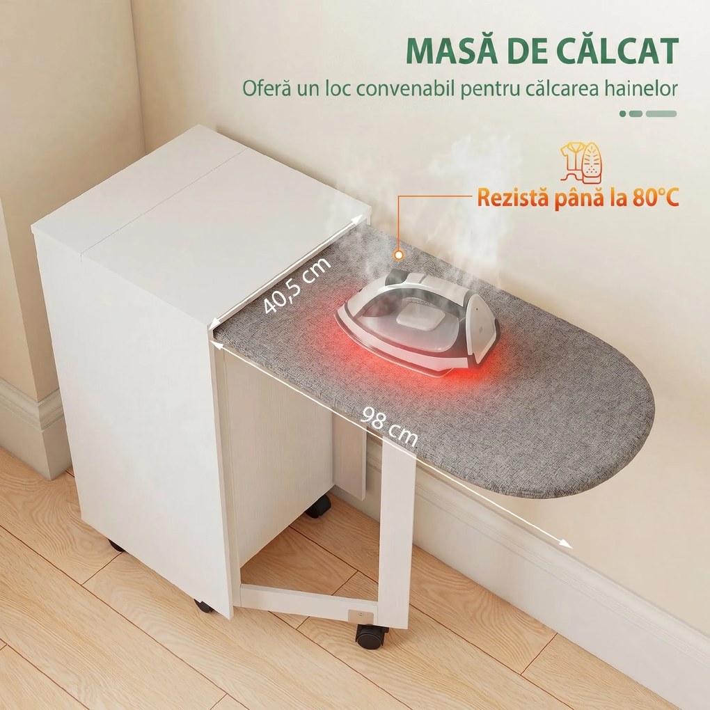HOMCOM Mobilier pentru Masa de Călcat Pliabil cu Roți, Raft Reglabil și Închidere Soft Close, din Lemn și Material Textil, 128x43x83 cm, Alb | Aosom Romania