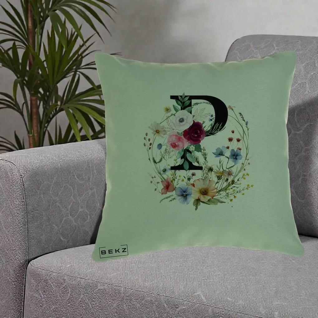 Cadou Personalizat - Perna Personalizata Monogram Litera P cu Flori Acuarela, 40x40 cm, Verde, Husa Detasabila, Perna Inclusa, BEKZ®