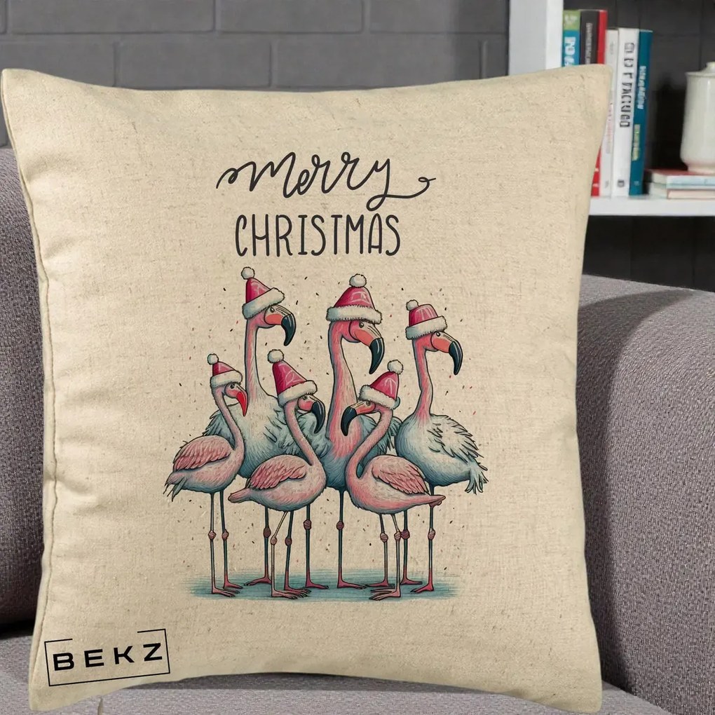 Perna Decorativa Flamingo Merry Christmas, 40x40 cm, Bej, Husa Detasabila, Perna Inclusa, BEKZ®