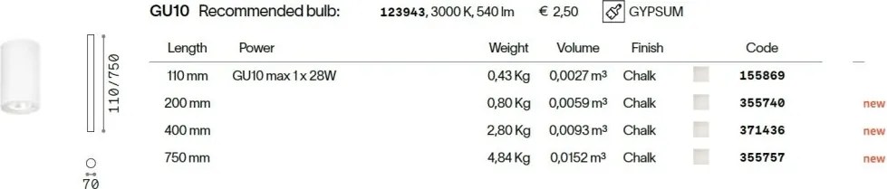 Spot aplicat tavan LOOK PL1 ROUND D70 H750 GESSO