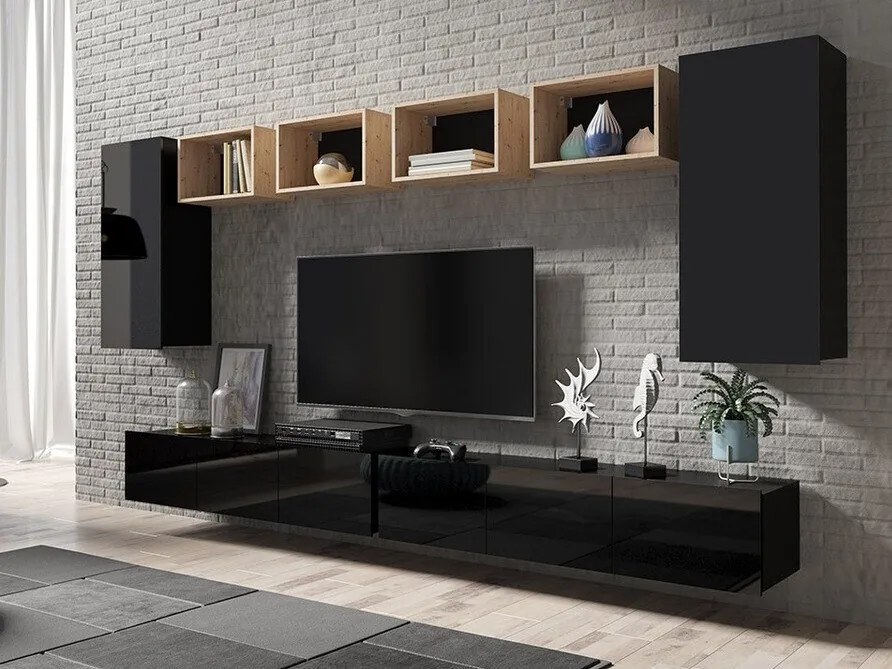 Camera de zi Providence B153Negru, Stejar Artisan, Negru lucios, Cu comodă tv, Cu componente suplimentare, Părți separate, PAL laminat, 300x43cm, 108 kg