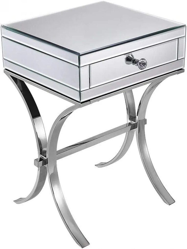 Noptieră din oglindă argintie și picioare din oțel inoxidabil, 38x35x56 cm