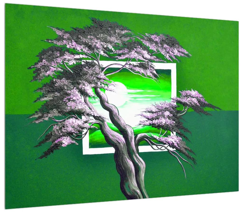 Tablou verde cu copac și răsărit de soare (70x50 cm), în 40 de alte dimensiuni noi