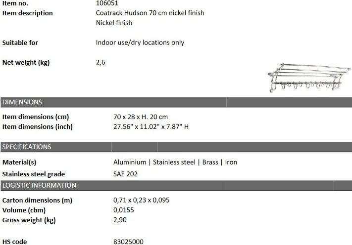 Suport haine design LUX Hudson S, nickel 106051 HZ