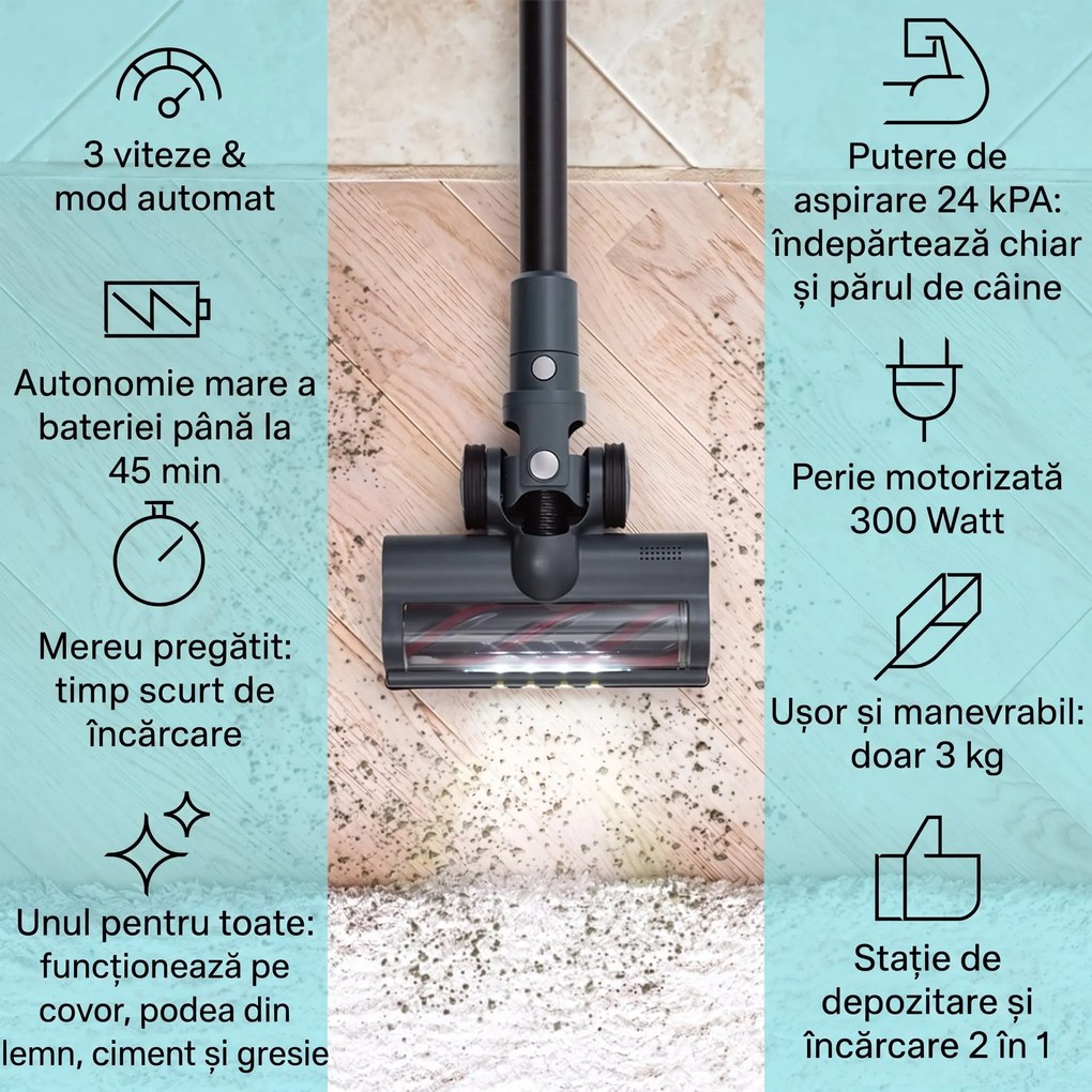 Klarstein LARMA, aspirator, fără fir, fără sac, timp de funcționare maxim 45 min, LED
