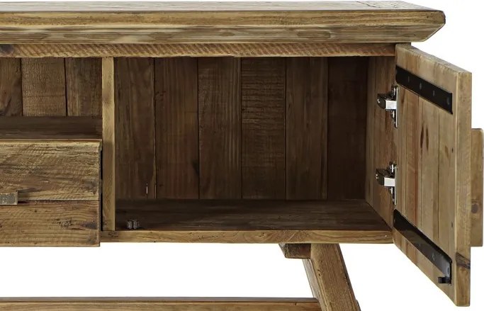 Comodă TV living din lemn reciclat, natur, cu 2 uși, 1 sertar, nișă deschisă și picioare oblice cu traversă, 60 x 180 x 45 cm, „Auburn”