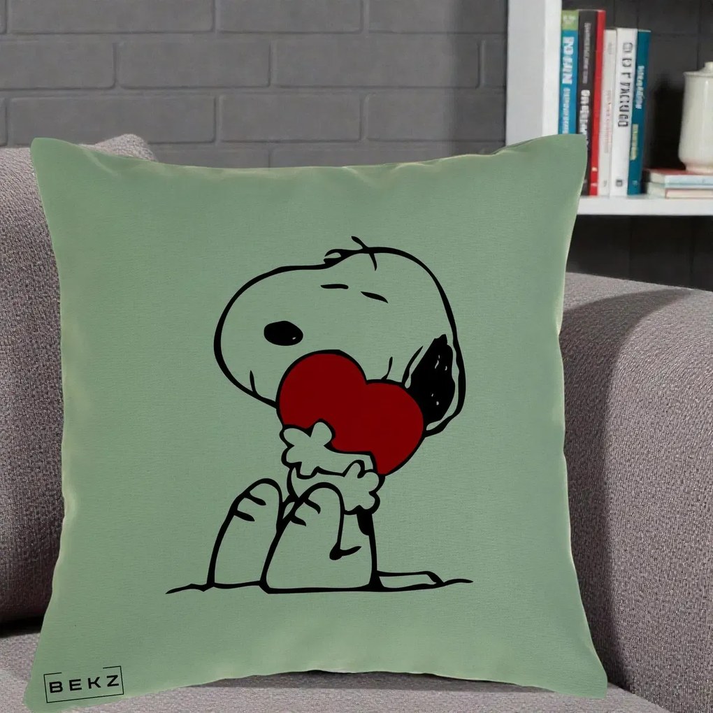 Perna Personalizata Snoopy cu Inima, 40x40 cm, Verde, Husa Detasabila, Perna Inclusa, BEKZ®