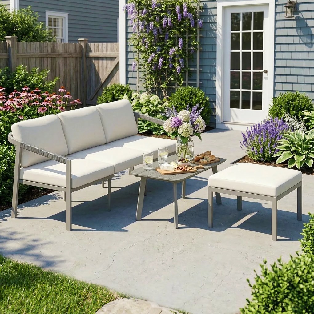 Outsunny Set Grădină Exterior 3 Piese cu Canapea 3 Locuri, Taburet, Masă de Cafea și Perne Maro și Bej | Aosom Romania