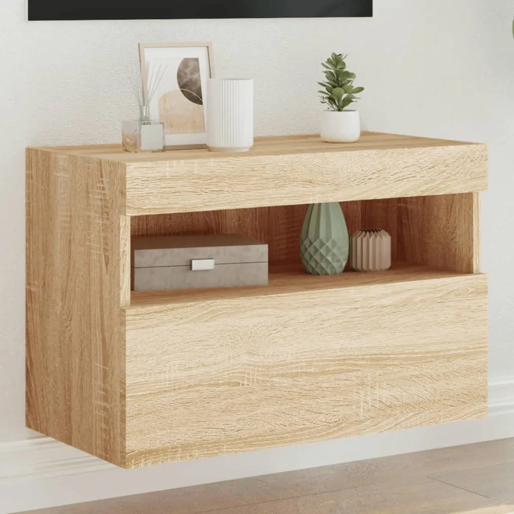 vidaXL Comodă TV de perete cu lumini LED, stejar sonoma, 60x30x40 cm