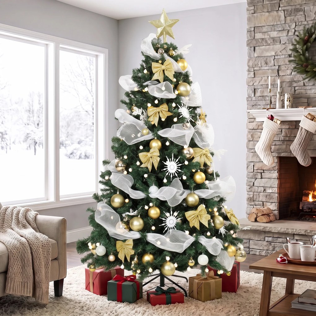 HOMCOM Brad de Crăciun 180cm cu 200 LED-uri Alb Cald, 8 Moduri, 800 Ramuri Ignifuge, Globuri, Panglici, Funde | Aosom Romania