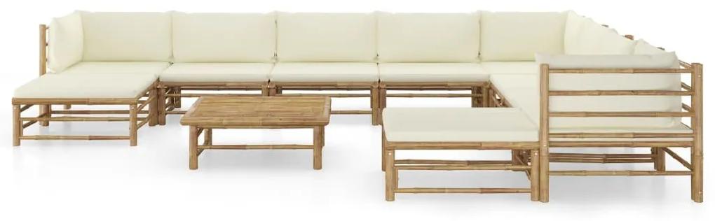 Set mobilier de gradina, cu perne alb crem, 11 piese, bambus