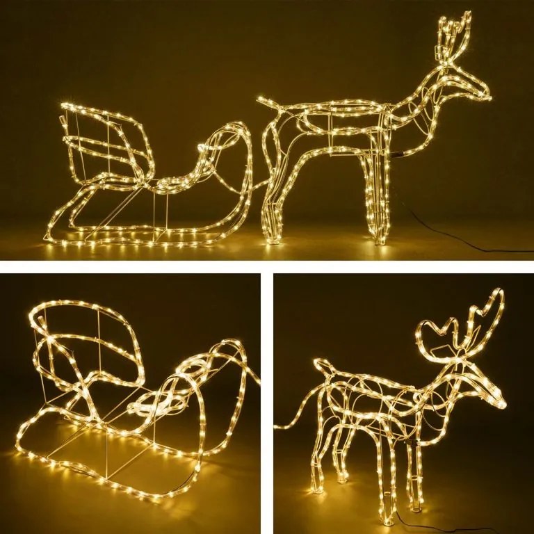 Decor de Crăciun ren cu sanie, alb cald, 140 cm