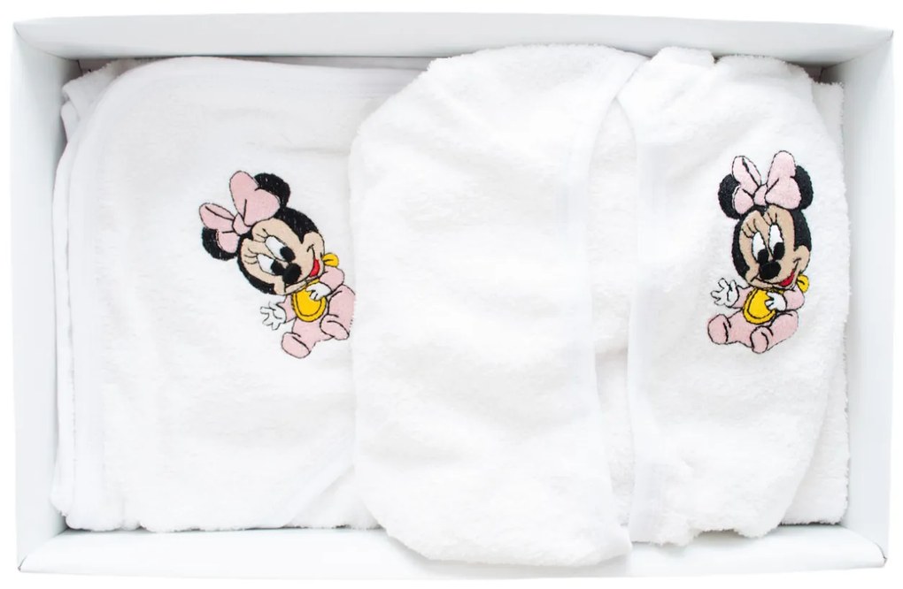 Set de baie pentru bebelusi, cu 3 piese, brodat cu Minnie Mouse, Alb- SDB-11