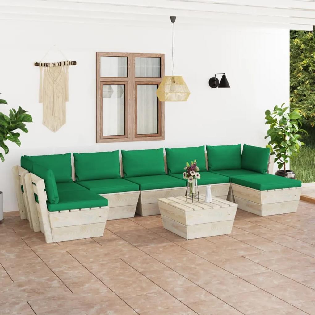 Set mobilier gradina din paleti cu perne, 8 piese, lemn molid Verde, 4x colt + 2x mijloc + masa + suport pentru picioare, 1