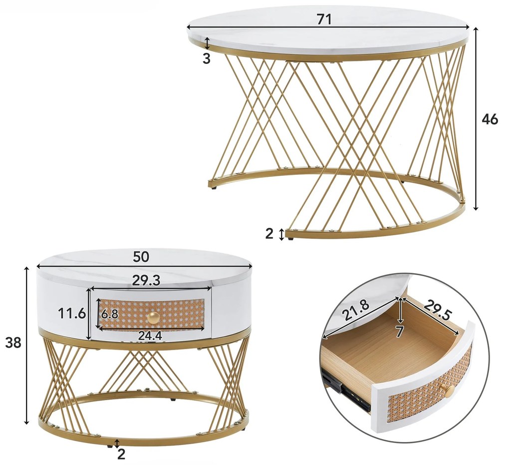 Set de 2 Măsuțe de Cafea Moderne Suprapuse din MDF cu Finisaj Marmorat și Sertare din Ratan Sintetic, 71x71x46 cm + 50x50x38 cm, Alb