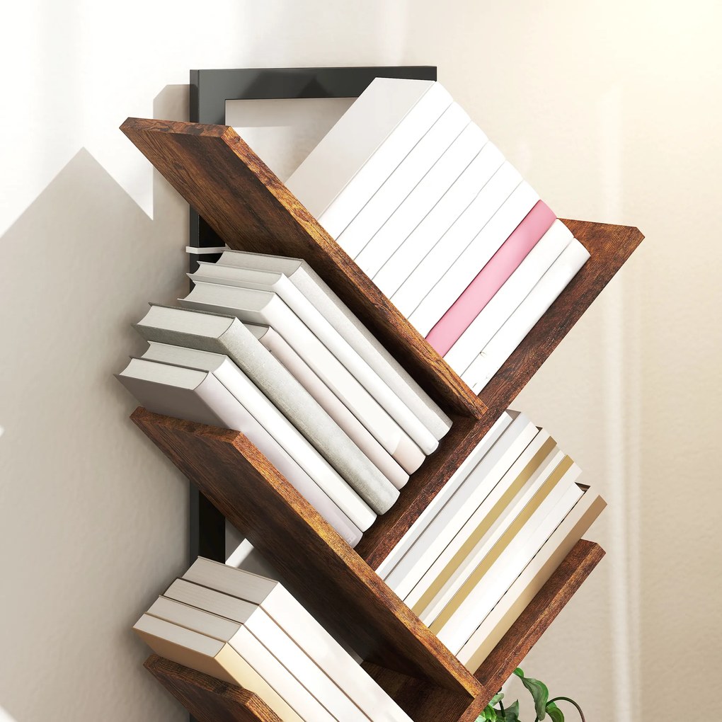 HOMCOM Bibliotecă Raft cu 7 Nivele Îngustă în Forma de Lemn pentru Birou, Brun Rustic | Aosom Romania