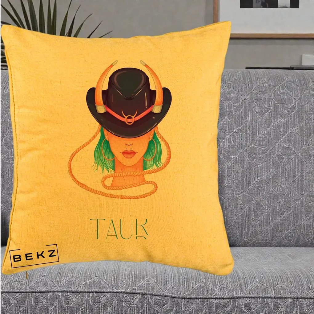 Perna Personalizata Zodie Taur, 40x40 cm, Galben, Husa Detasabila, Perna Inclusa, BEKZ®