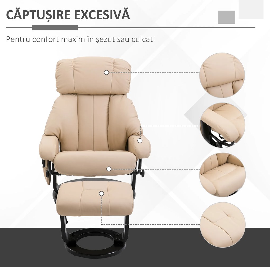 HOMCOM Fotoliu Reclinabil cu Masaj cu Telecomandă din Imitatie de Piele, Crem | Aosom Romania