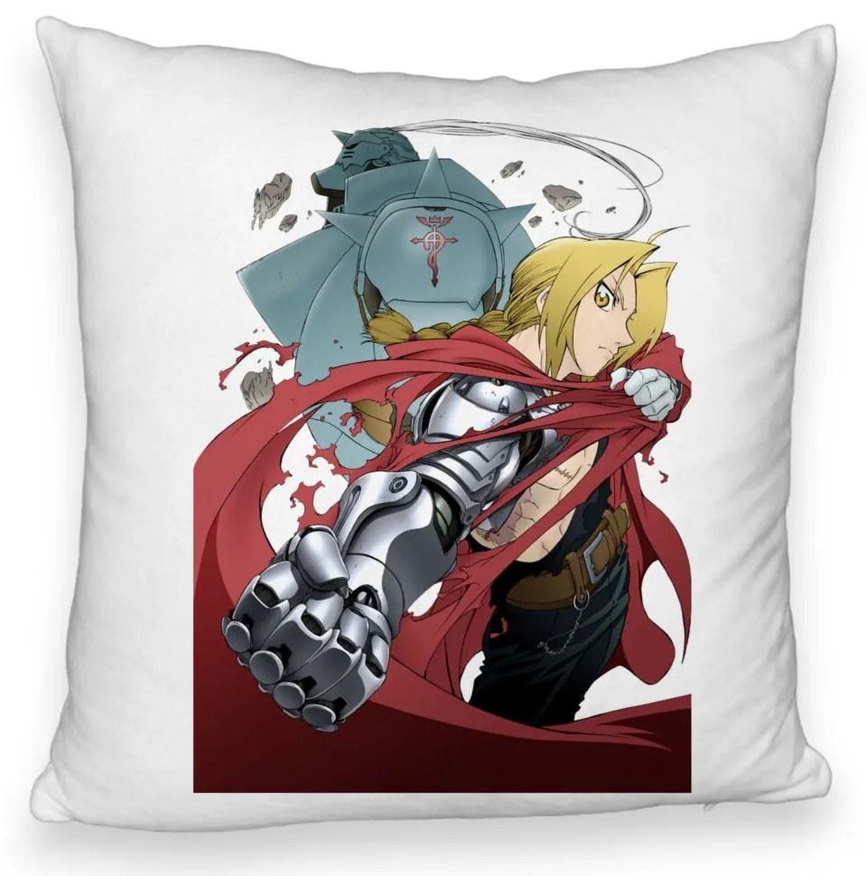 Perna Decorativa Fluffy cu Full Metal Alchemist Edward Elric, 40x40 cm, Alba, Husa Detasabila, Burduf