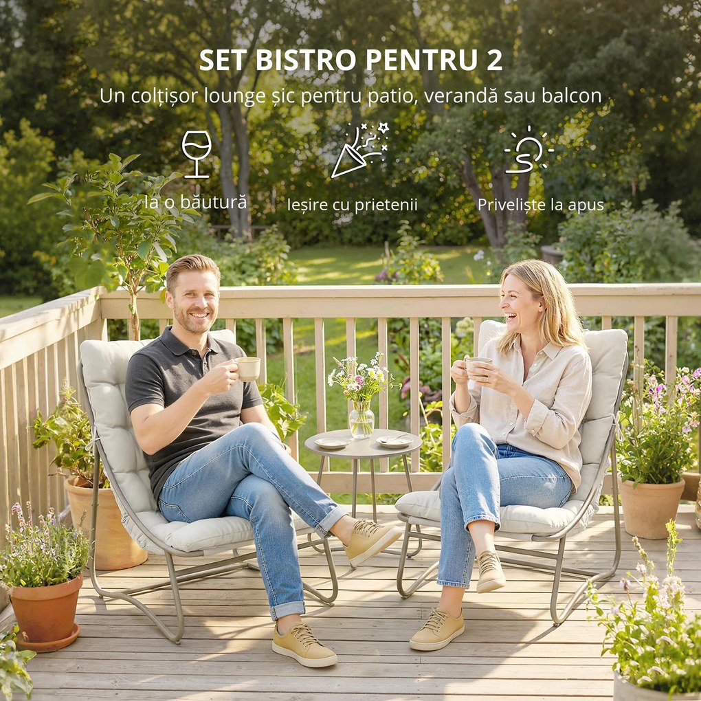 Outsunny Set de grădină 3 piese cu 2 scaune lounge, masă de cafea și perne pentru exterior, patio, balcon, Gri deschis | Aosom Romania