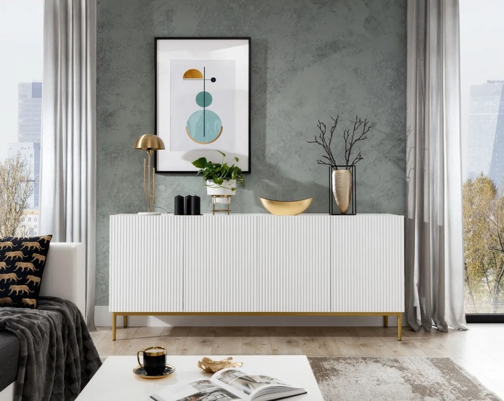 Comodă Nicole 200 cm cu patru uși, fronturi riflate - alb mat / picioare aurii