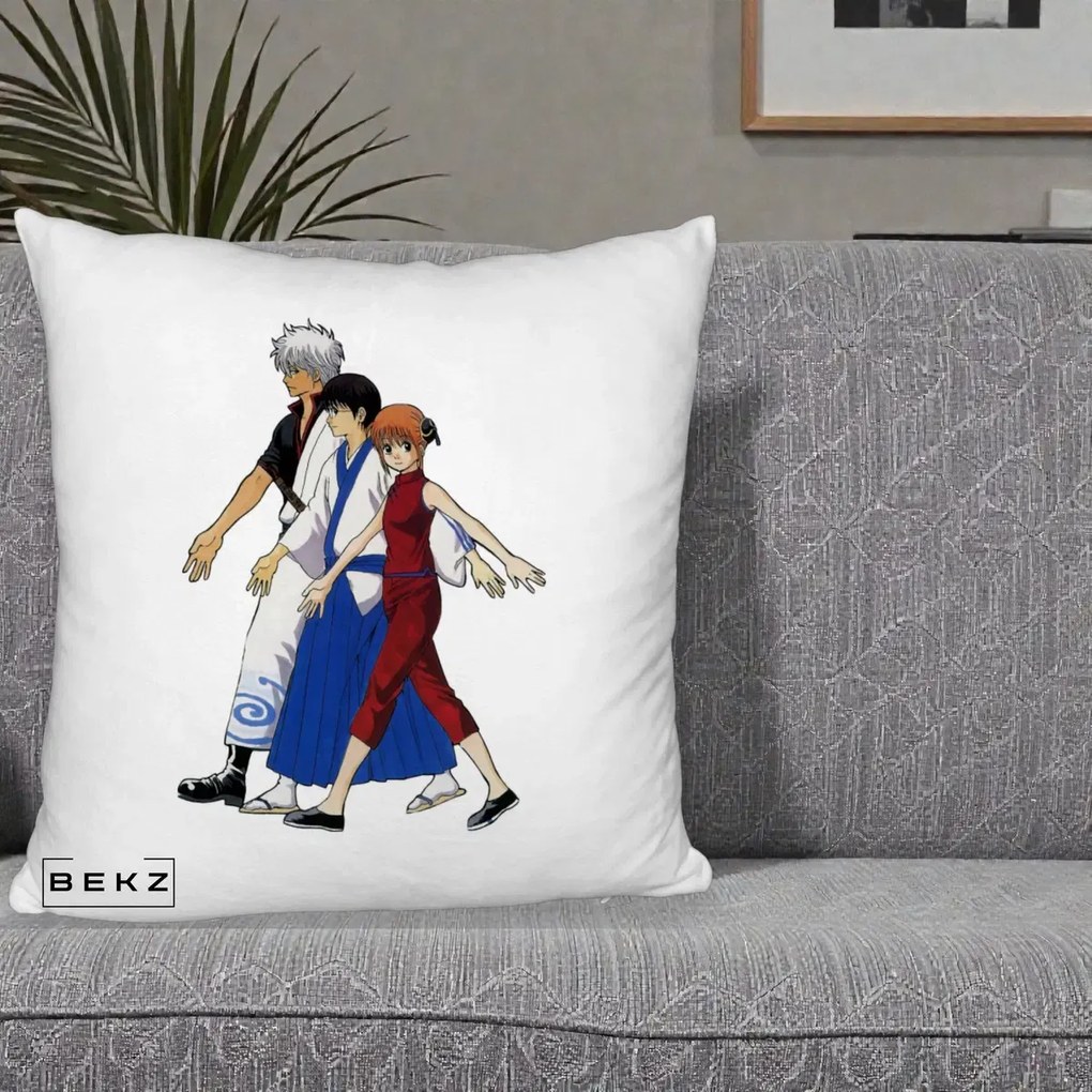 Perna Personalizata Gintama Trio Gintoki Shinpachi Kagura, 40x40 cm, Alb Pufos, Husa Detasabila, Perna Inclusa, BEKZ®