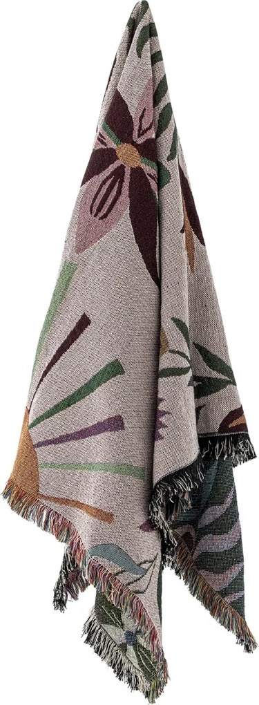 Pătură din bumbac reciclat, roz, cu model botanic și franjuri multicolore, „Yash", 160 x 130 cm