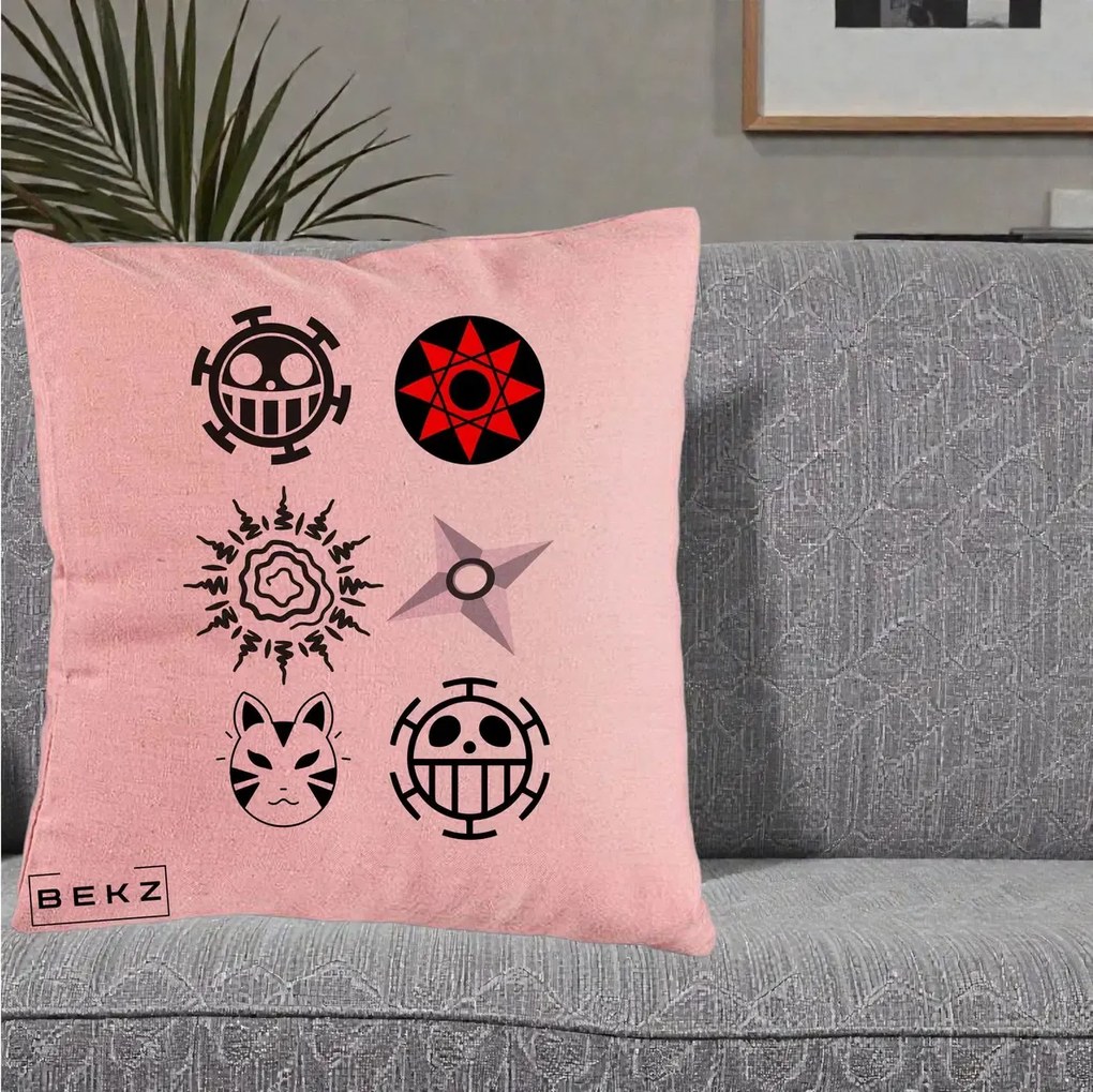 Perna Personalizata Simboluri Anime Mix - Naruto One Piece, 40x40 cm, Roz, Husa Detasabila, Perna Inclusa, BEKZ®