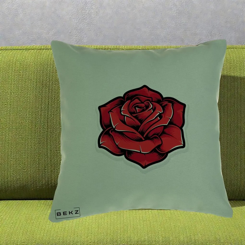 Perna Decorativa Trandafir Rosu Tattoo, 40x40 cm, Verde, Husa Detasabila, Perna Inclusa, BEKZ®