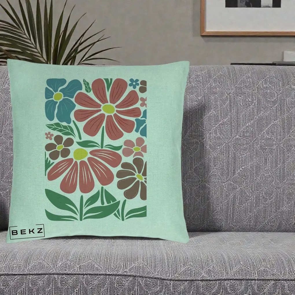 Perna Decorativa Flori Grafice Colorate Retro, 40x40 cm, Verde Menta, Husa Detasabila, Perna Inclusa, BEKZ®