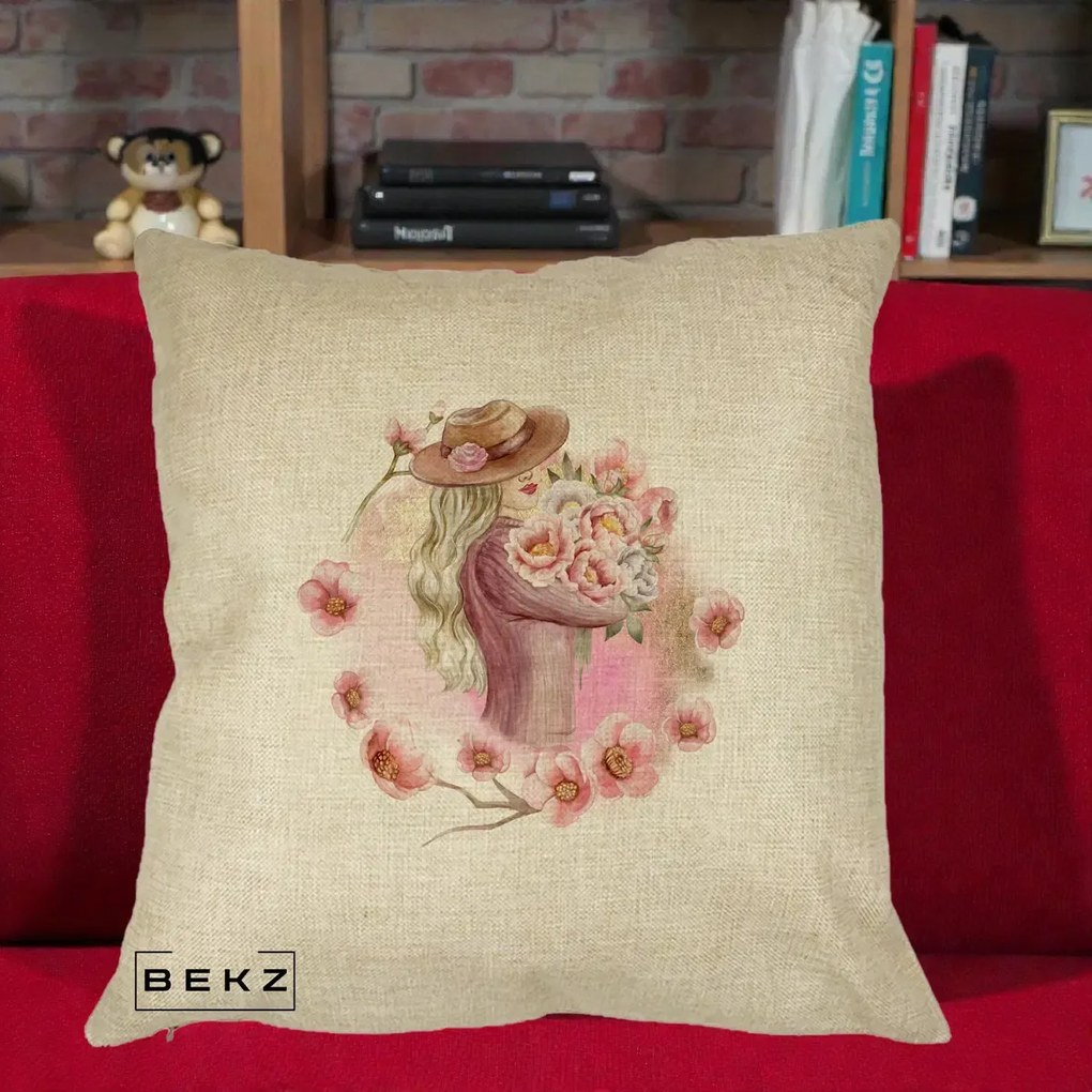 Perna Decorativa Femeie cu Flori Roz Acuarela, 40x40 cm, Crem, Husa Detasabila, Perna Inclusa, BEKZ®