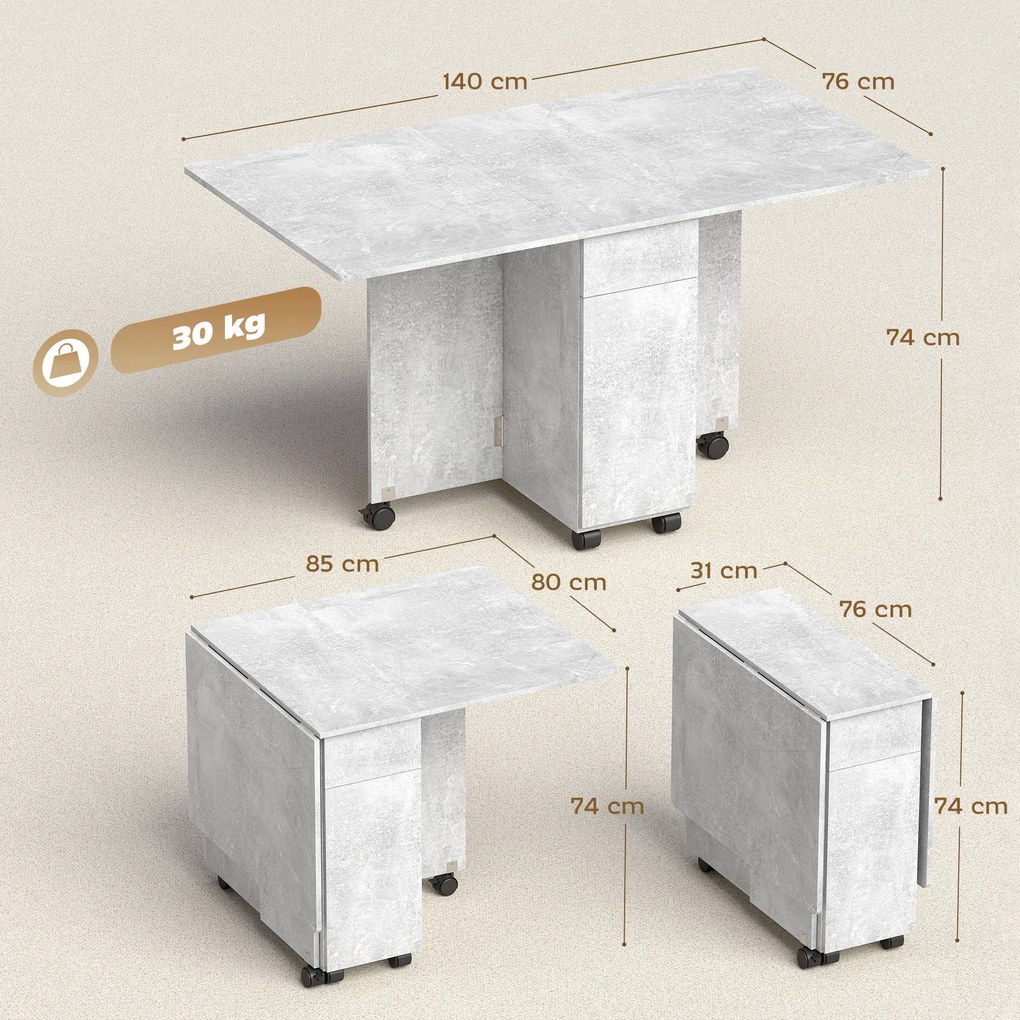 HOMCOM Masă de Luat Masa Pliabilă, Masă de Bucătărie cu Blaturi Rabatabile și Roți cu Frâne pentru 6 Persoane, Birou Compact cu 2 Sertare, 2 Uși și Dulap, pentru Living, 140x76x74î cm, Gri Ciment | Aosom Romania