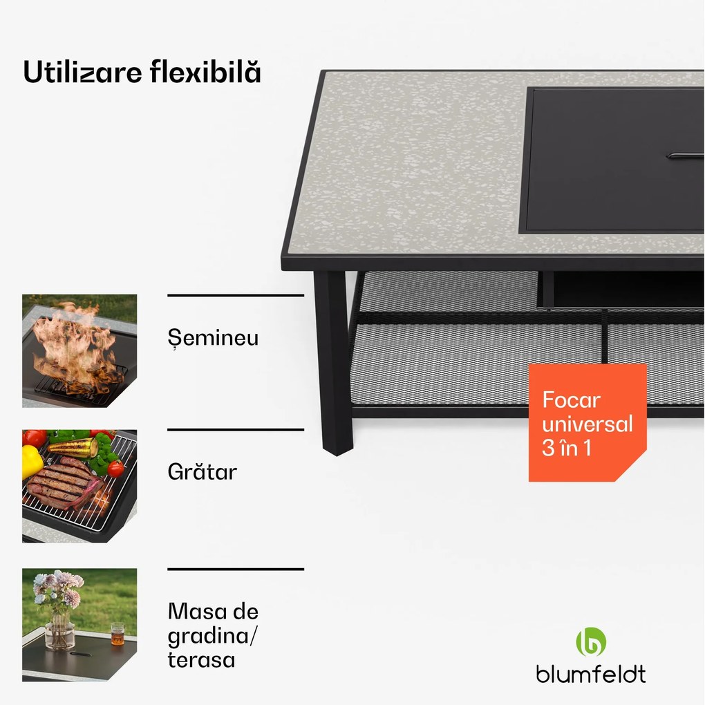 Merano Avanzato L șemineu 3 în 1 cu funcție grill, poate fi folosit ca masă 122 x 87 cm