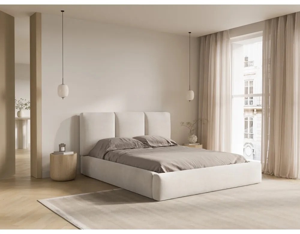 Pat matrimonial bej tapițat cu spațiu de depozitare și somieră 160x200 cm Brody – Mazzini Beds