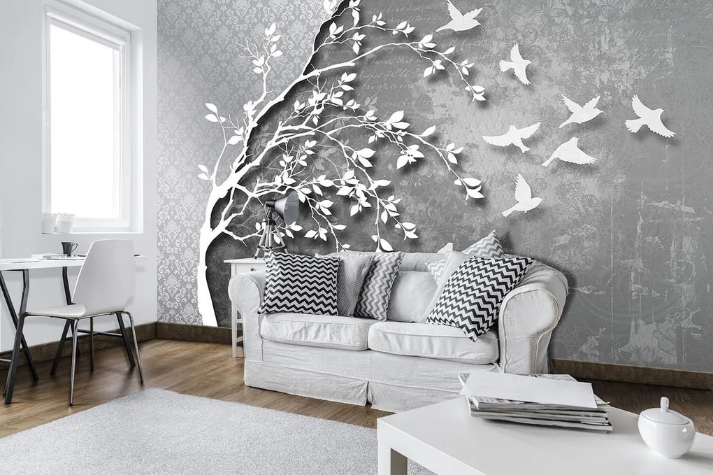 Fototapet - Copac argintiu cu păsărele (152,5x104 cm)