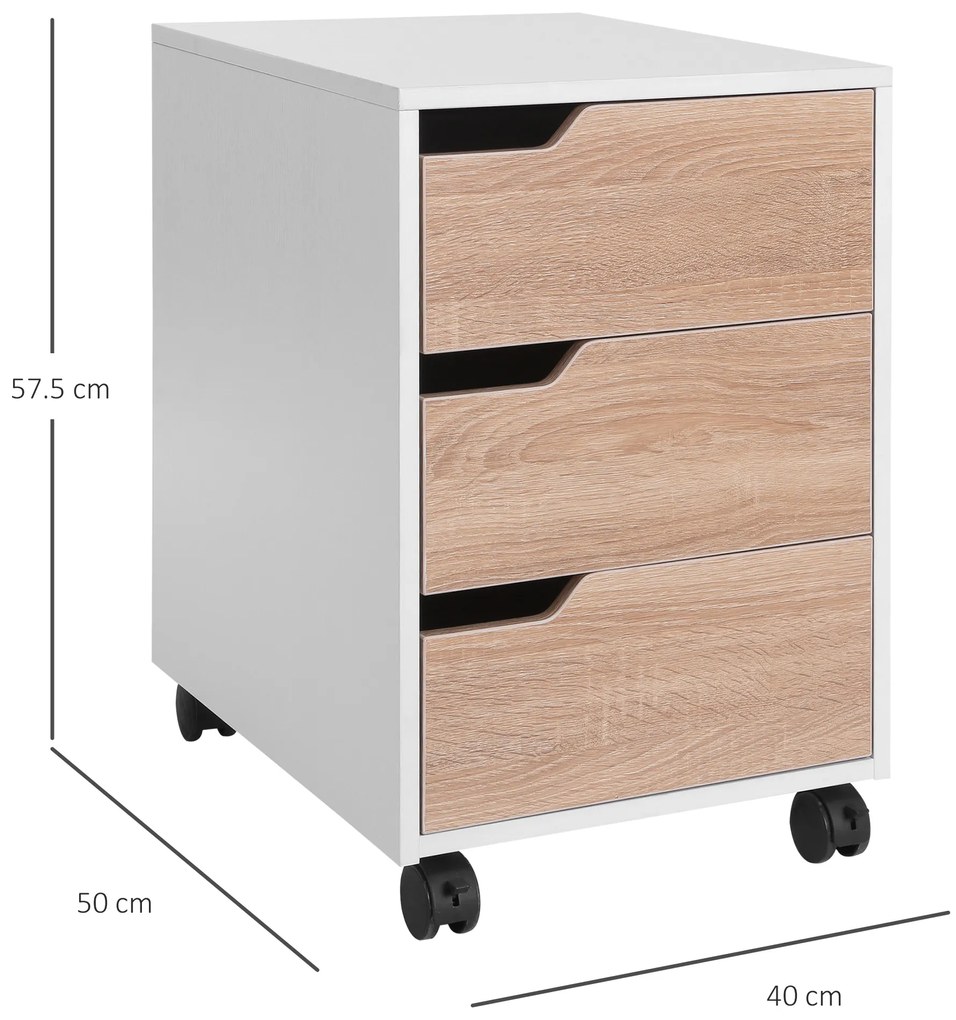 Comoda din MDF cu 3 Sertare si 4 roti cu rotatie de 360 ° (2 cu frane), pentru Birou sau Studio Alba si Lemn 31x37x7.2cm HOMCOM | Aosom Romania