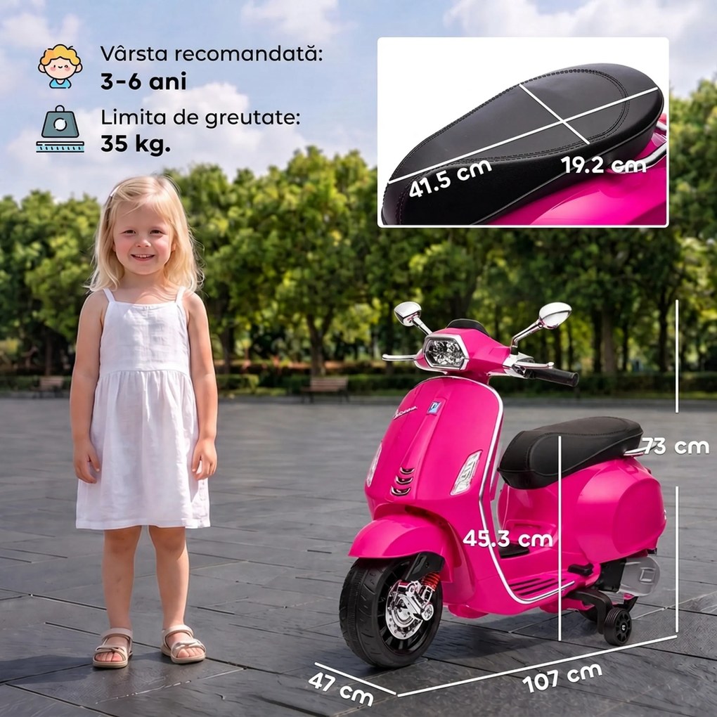 AIYAPLAY Motocicletă electrică pentru copii cu licență Vespa, roți ajutătoare, far și muzică, PP și metal, 107x47x73 cm, Roz | Aosom Romania