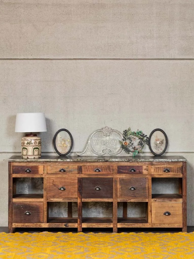 Bufet din lemn reciclat, cu sertare si rafturi, aspect vintage, Fabrica