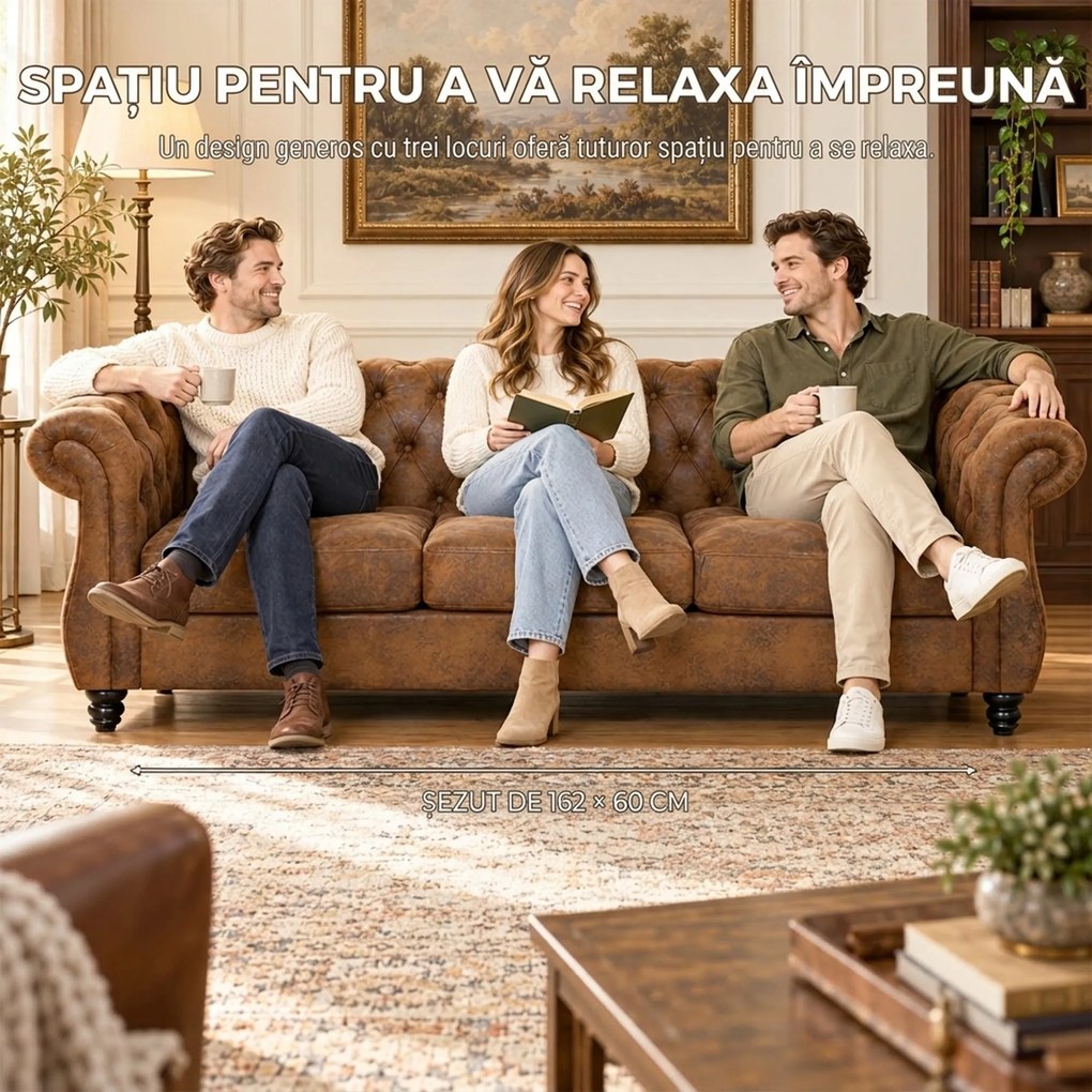 HOMCOM Canapea Chesterfield 3 Locuri din Material Respirabil cu Aspect de Piele, Șezut Lat, Umplutură Groasă, Maro Cafea | Aosom Romania