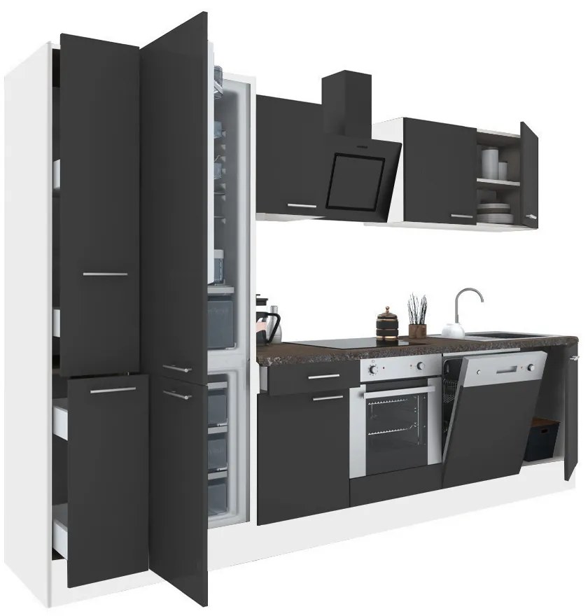 Mobilă de bucătărie Yorki 310, corp alb, față antracit satinat cu element cuptor inferior și frigider congelator inferior