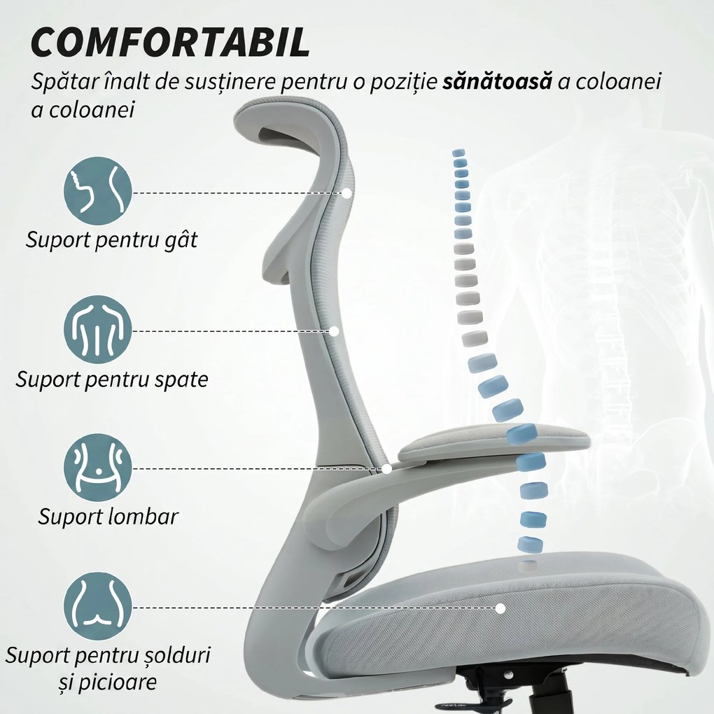 HOMCOM Scaun de birou ergonomic cu cotiere reglabile și tetieră, gri | Aosom Romania